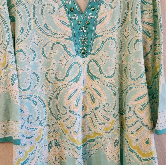 JM Collection 3/4 Sleeve Teal Paisley Design Tunic Shirt. Embellished Sz 2X NWOT - Picture 6 of 13